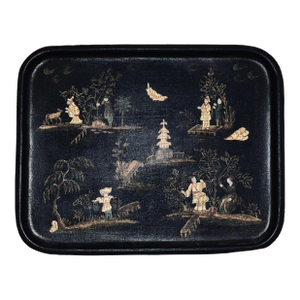 Large Antique 19th Century English Naive Chinoiserie Rolled Rim Painted Rectangular Tole Tray in Black & Gold