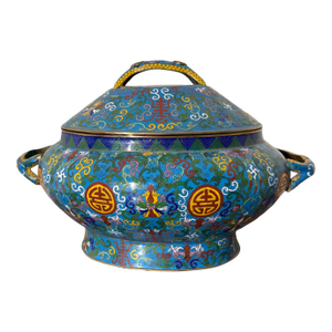 19th Century Antique Chinese Blue and Yellow Cloisonne Covered Tureen
