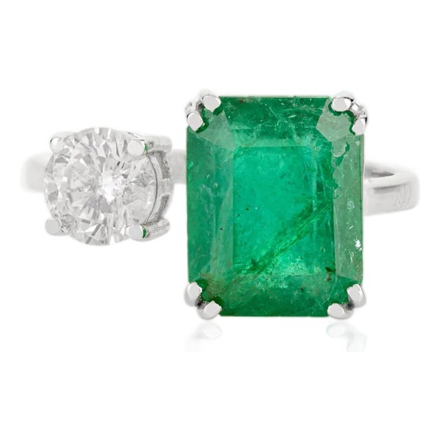 14 Karat Gold Emerald & Diamond Toi Et Moi Ring Size 5 For Sale