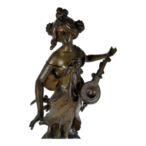 Antique French Auguste Moreau Spelter Figural Sculpture of Woman With Lute