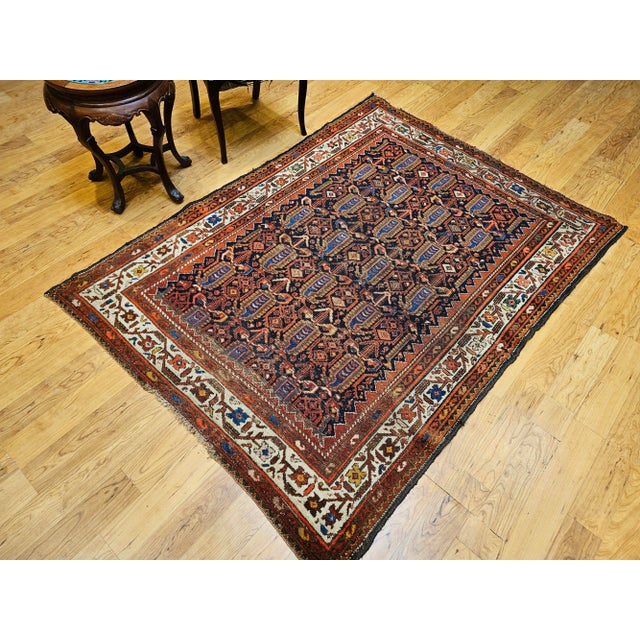 Early 20th Century Vintage Persian Malayer Area Rug, All-Over Paisley Pattern, Navy & Ivory, 5’ X 6’ For Sale - Image 14 of 16