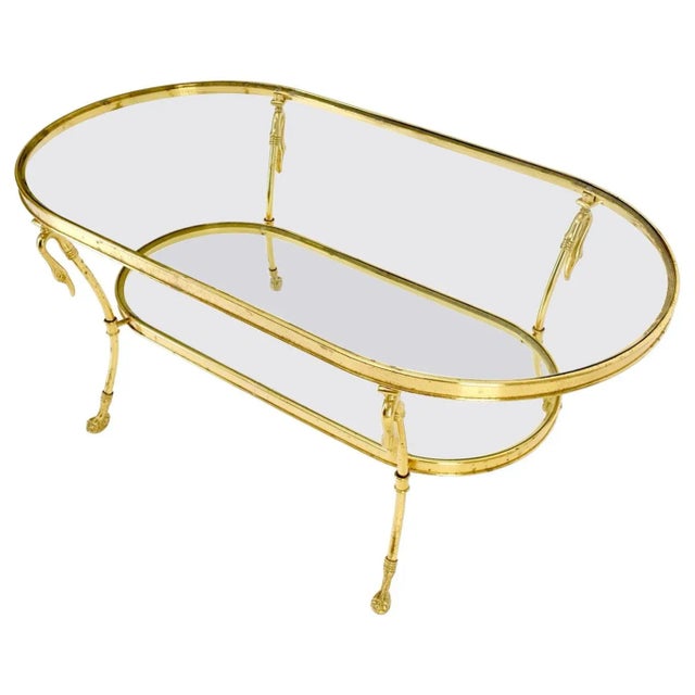 Solid Brass Swan Motive Oval Racetrack Shape Two Tier Coffee Table Mid Century For Sale - Image 13 of 13