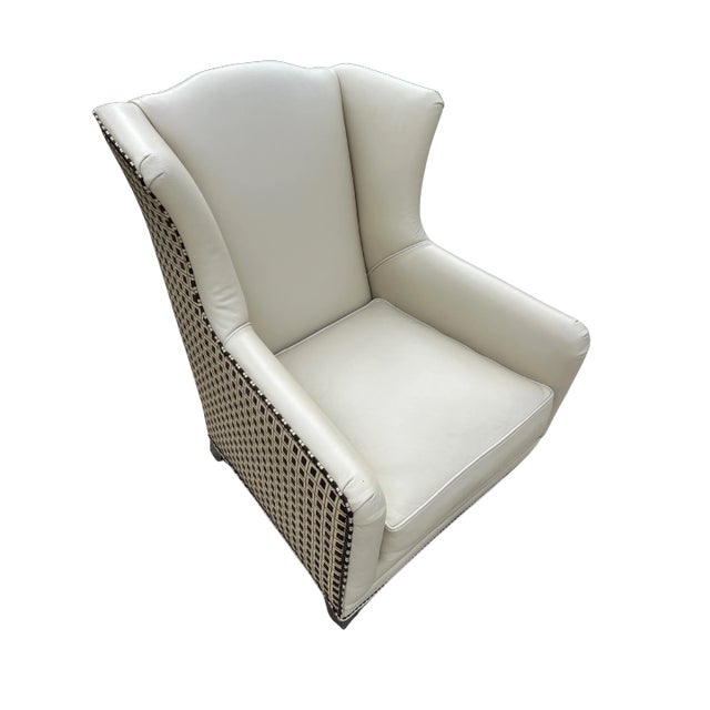 Ivory Vintage Henredon Acquisitions Collection Leather Wingback Chairs – Ivory Leather, Geometric Upholstery & Nailhead Trim For Sale - Image 8 of 12