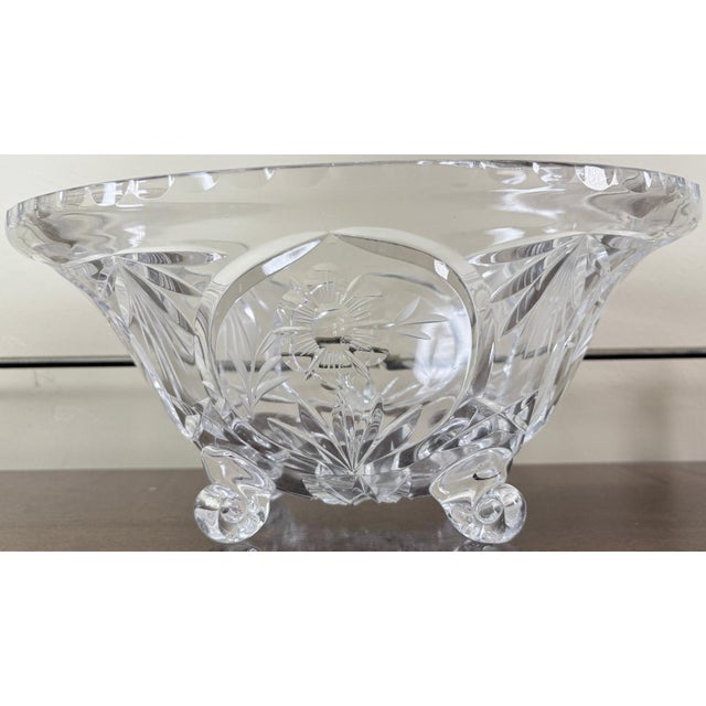 Traditional Vintage Cut Crystal Oval Footed Centerpiece Bowl — Starburst & Floral Scalloped Design For Sale - Image 3 of 11