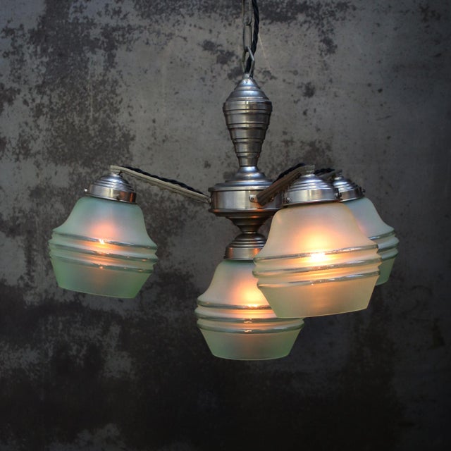 Green glass Art Deco chandelier, ca 1920 Silver nickel pendant with 4 green coloured semi frosted glasses diameter ceiling...