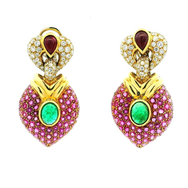 Vintage 1980s 18k Gold Ruby Emerald & Diamond Drop Earrings, Pair For Sale - Image 9 of 11