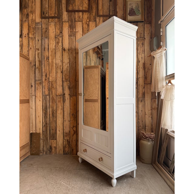 Wood Antique White Mirrored Wardrobe, 1890s For Sale - Image 7 of 13