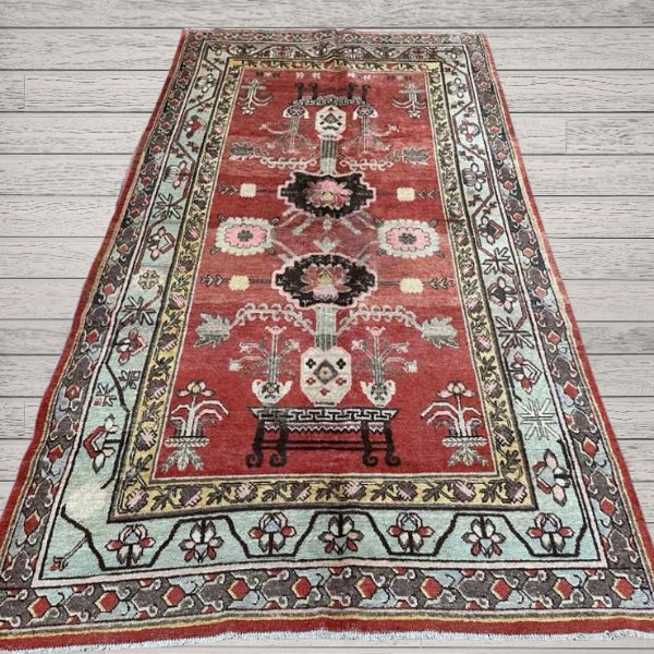 Figurative 5x8 Antique Khotan Rug | Stylized Flowering Plants and Vases For Sale - Image 3 of 6
