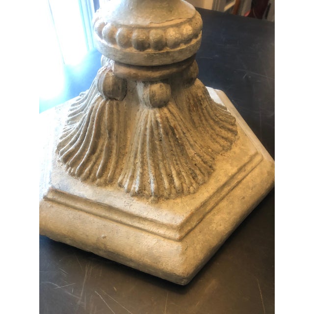 English Classical Carved Wooden Finial Lamps with Grey Drum Shades - A Pair For Sale - Image 3 of 7