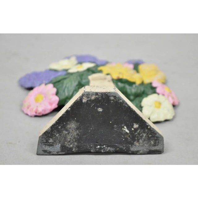 Antique Victorian Cast Iron Figural Floral Bouquet Basket Pink Painted Door Stop For Sale - Image 9 of 10
