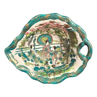Meiji–Taishō Japanese Hand-Painted Asymmetric Bowl — Figural Garden, c.1900–1920 For Sale