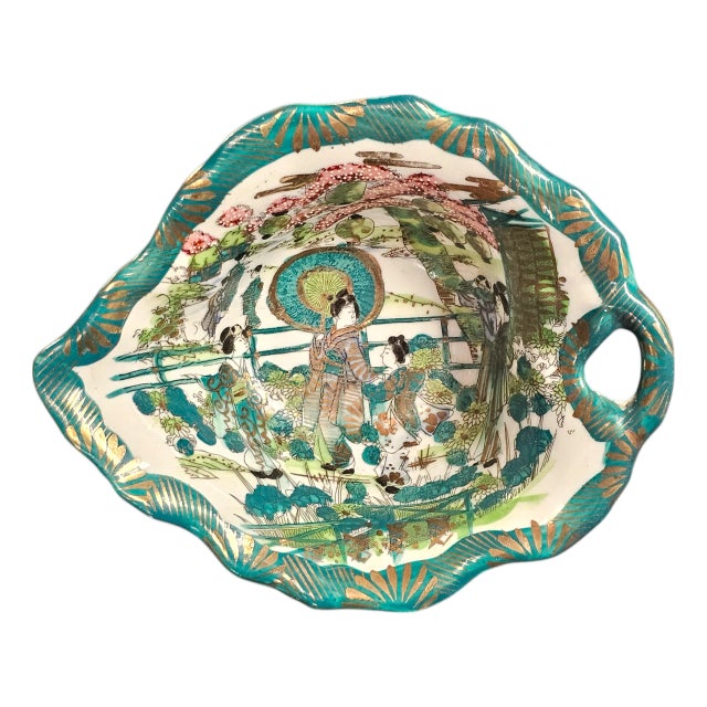 Meiji–Taishō Japanese Hand-Painted Asymmetric Bowl — Figural Garden, c.1900–1920 For Sale