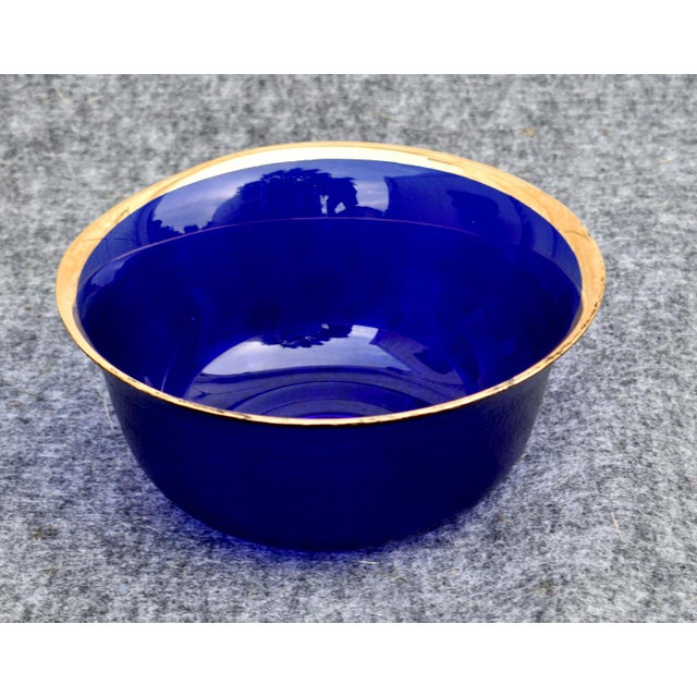 Vintage Cobalt Blue Glass Bowl Gold Rim Textured Pebble Art Glass For Sale - Image 10 of 15