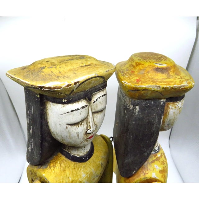 Yellow Carved Wood Nun Figurines, a Pair For Sale - Image 8 of 9