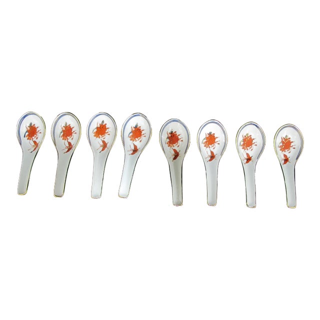 Japanese Imari Red Blue Gold Porcelain Butterfly & Flower Soup Spoon Set of 8 For Sale