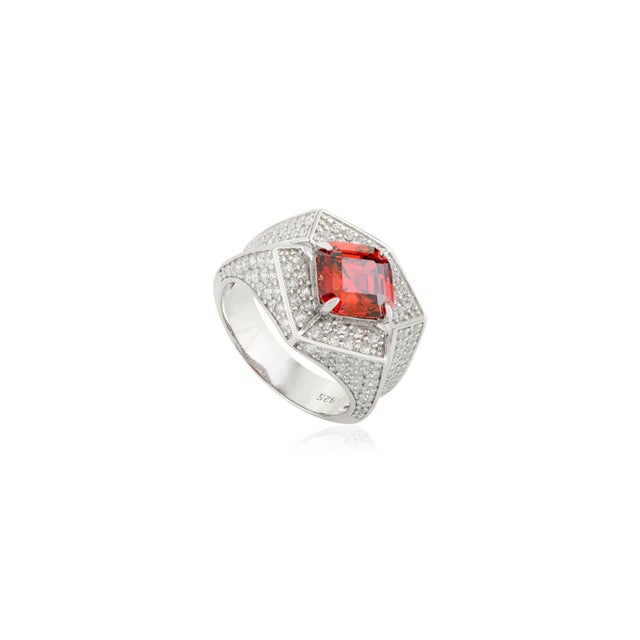 Art Deco Vintage Art Deco Square Garnet & Cz Unisex Ring in Silver Size 8 For Sale - Image 3 of 11
