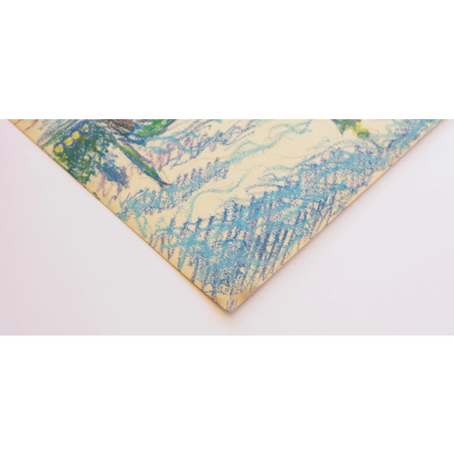 1950s Swedish Folk Art Oil Pastel Drawing of Stockholm City Hall in Sky Blue, Pink, Purple, Teal, Green For Sale - Image 4 of 18