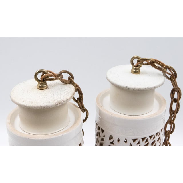 1960s Mid 20th Century White Pierced Ceramic Pendant Lights With Brass Hardware - a Pair For Sale - Image 5 of 11