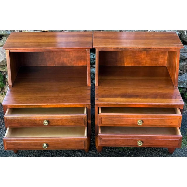 Hard to find pair of Willet Furniture Trans East mid century stepped nightstands. Two drawers with dovetailed case crafted...