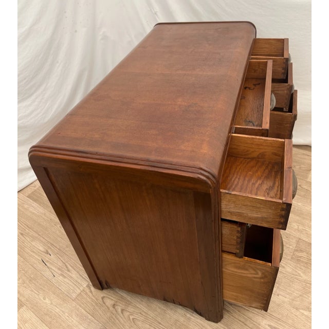 Wood 1930s Art Deco Desk Waterfall Top Seven Dovetail Brass Drawers Walnut Finished Back For Sale - Image 7 of 18