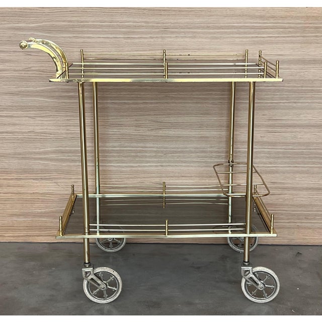 Mid 20th Century Art Deco Brass Dry Bar Cart with Smoked Two Tier Glass For Sale - Image 10 of 18