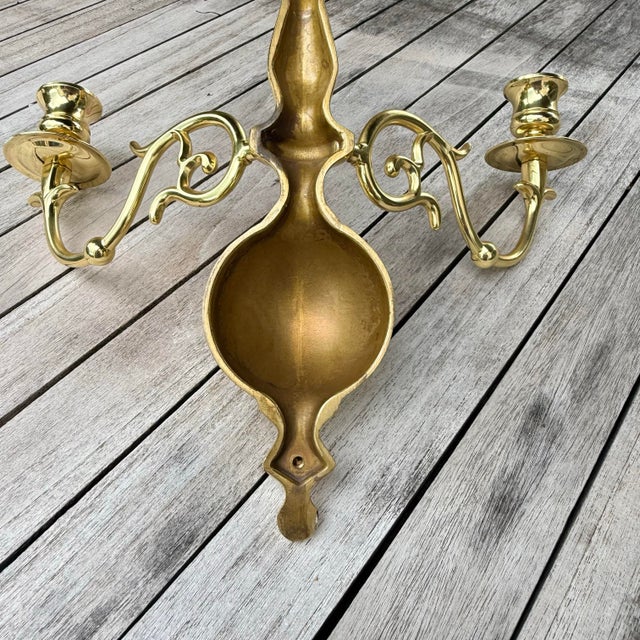Metal Brass Double Arm Wall Candle Sconces in Williamsburg Style - A Pair For Sale - Image 7 of 10
