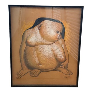 1970's Colombian Born Leandro Velasco Pastel Drawing of Large Woman For Sale