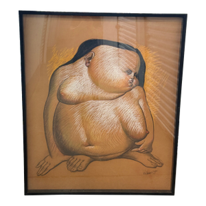 1970's Colombian Born Leandro Velasco Pastel Drawing of Large Woman