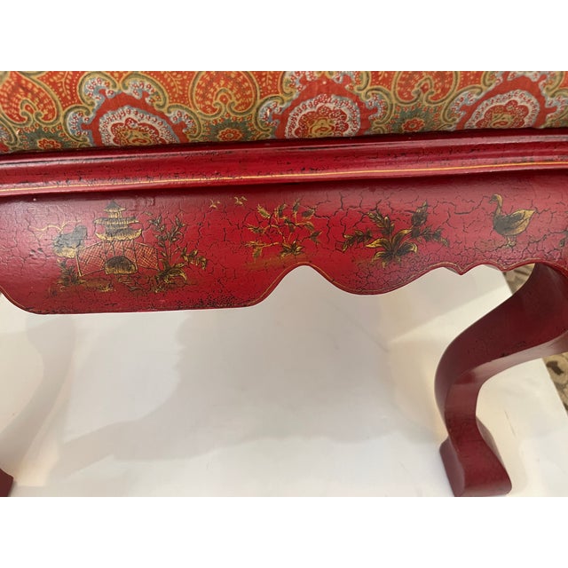 Wood Vintage George II Style Red Chinoiserie Lacquer Bench / Upholstered Ottoman For Sale - Image 7 of 15