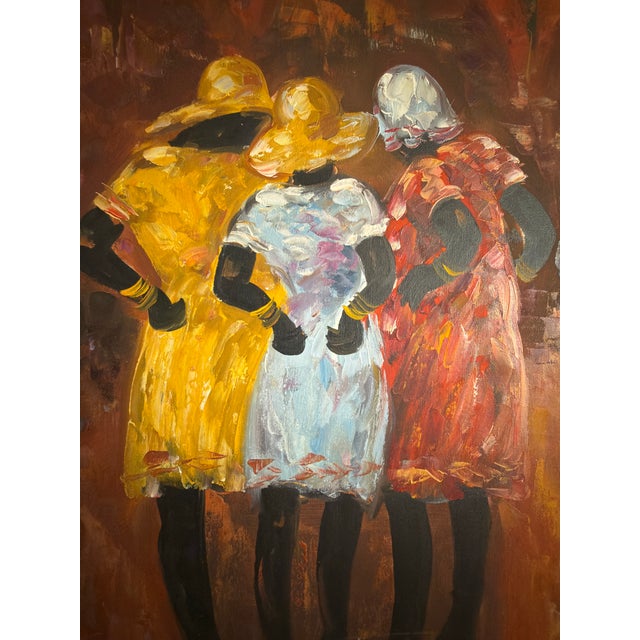Mid-Century Modern 1980s "The Gathering" Signed Vibrant Vintage Mid-Century Impressionist Oil on Canvas Painting For Sale - Image 3 of 11
