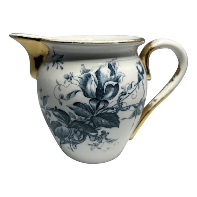 Antique Blue Floral Transferware Pitcher - Gold Gilt Accents c. 1904 For Sale
