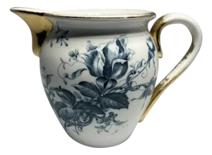 Antique Blue Floral Transferware Pitcher - Gold Gilt Accents c. 1904