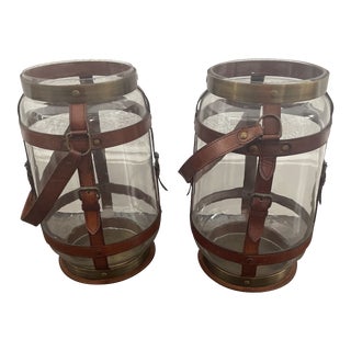 Leather Trim Glass Hurricanes - A Pair For Sale