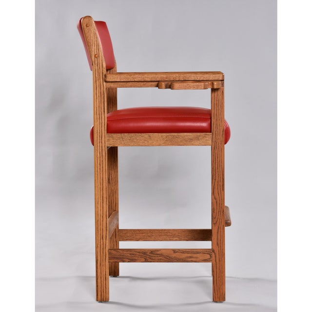 Red Leather and Oak Billiard Barstools With Cupholders, Restored For Sale - Image 4 of 12