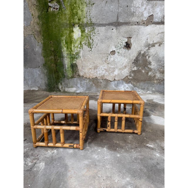 Mid-Century Modern Italian Bamboo Sofa Table with Vienna Straw Top in the style of Vivai Del Sud, 1960s, Set of 2 For Sale - Image 11 of 11