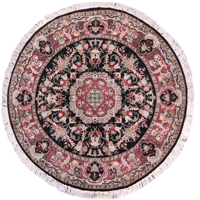 Textile Art Nouveau 1990's Medallion Pak-Persian Black/Pink Wool Round Rug- 5'11'' X 6'2'' For Sale - Image 7 of 9