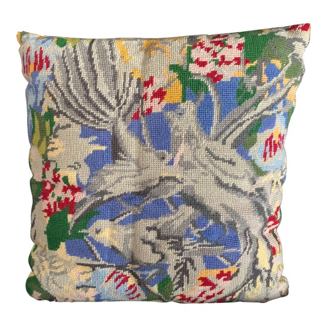 Vintage Handmade Wool Needlepoint Throw Pillow Jacobean Birds Flowers Sateen Back For Sale
