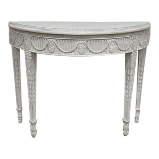 Late 19th Century Louis XVI Ornately Carved Wood Demi-Lune With White Gesso Finish For Sale