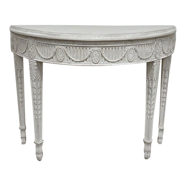 Late 19th Century Louis XVI Ornately Carved Wood Demi-Lune With White Gesso Finish For Sale