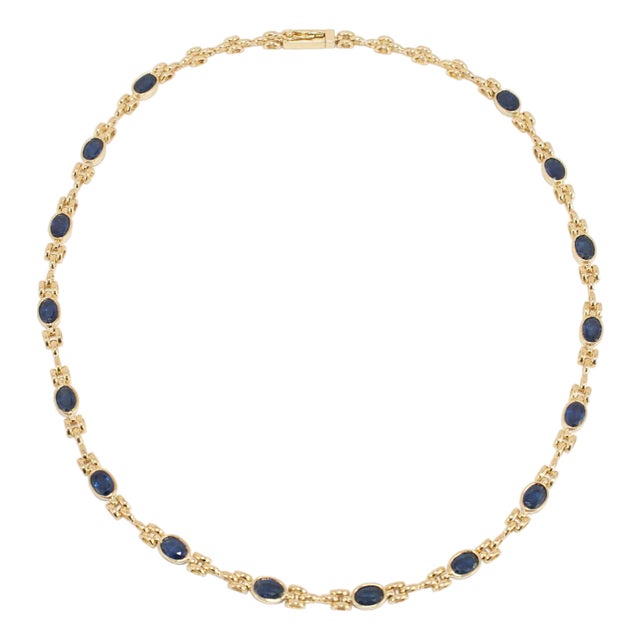 Vintage Ladies 18k Yellow Gold 10.12ct Blue Oval Sapphires Link Chain Necklace For Sale
