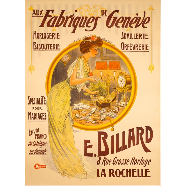 UX FABRIQUES DE GENEVE — HEM — 1903 Original French Art Nouveau advertising poster for Aux Fabriques de Geneve, a jeweler...