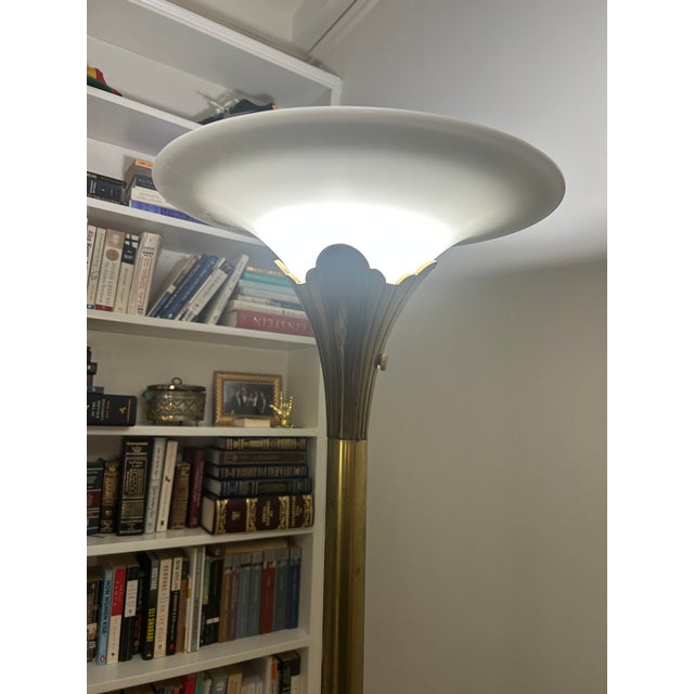 Vintage gorgeous Art Deco style solid brass tulip torchiere floor lamp, with milk glass diffuser, and and lotus base,...