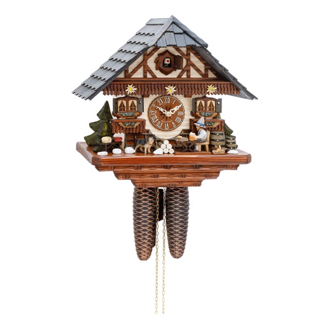 Traditional Black Forest Chalet Clock - Movable Beer Drinker & Edelweiss For Sale