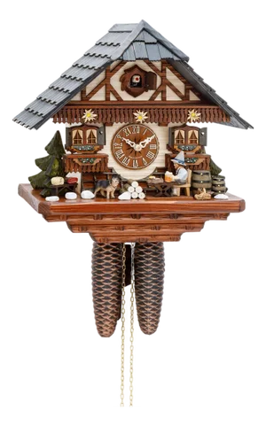 Traditional Black Forest Chalet Clock - Movable Beer Drinker & Edelweiss