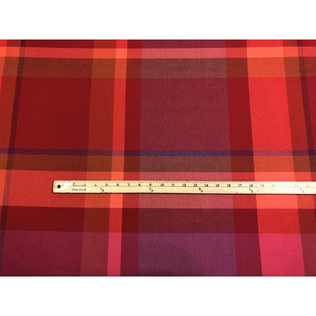 55" wide designer water & stain resistant indoor/outdoor plaid tartan upholstery & drapery fabric in red, coral, purple,...