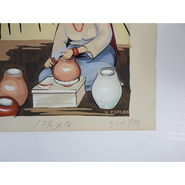 Mid 20th century gouache on paper painting of a Mexican potter. Signed V. Carson lower right corner. Unframed, age toning,...