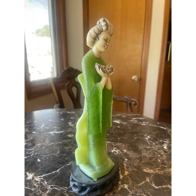 1980s Geisha Figurine Holding Flowers in Faux Jade For Sale - Image 11 of 12