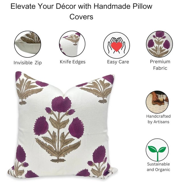 Fabdivine Thick Cotton White Handmade Block Print Floral Design Throw Pillow Cover 16x16inches - Badshah For Sale - Image 4 of 4