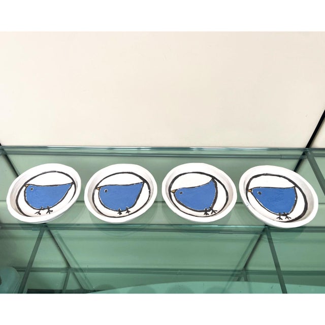 Folk Art Style Handmade White Ceramic Plates with Blue Birds, 1990s, Set of 4 For Sale - Image 3 of 9