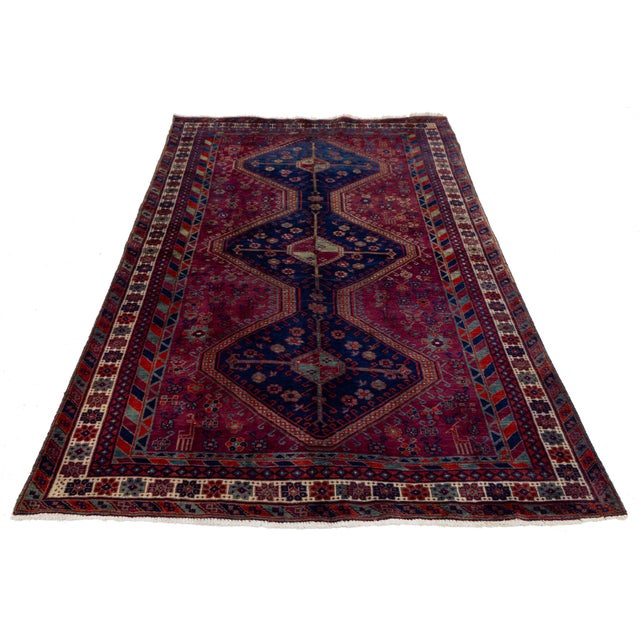 Mid-Century Vintage Turkish Wool Rug - Vibrant Berry and Navy Tribal Medallion For Sale - Image 4 of 9